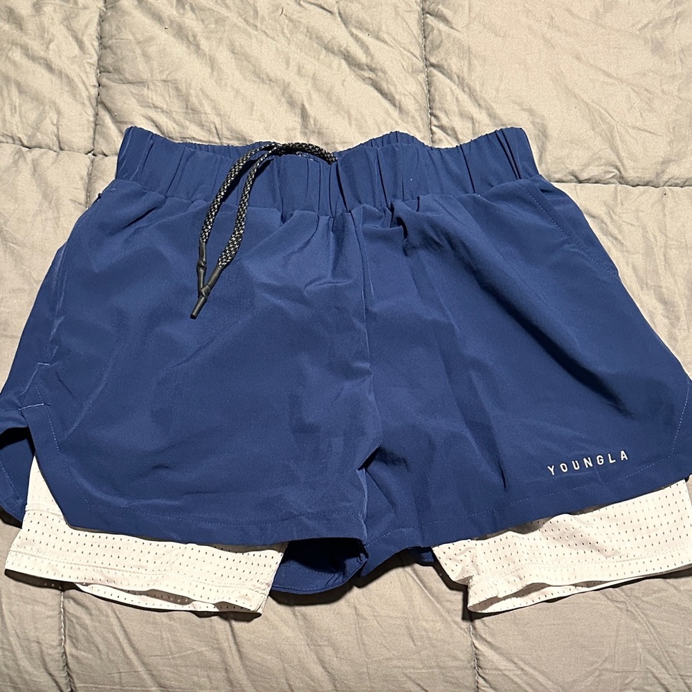 YoungLA Men's 2-in-1 Blue Athletic Shorts Medium 5”